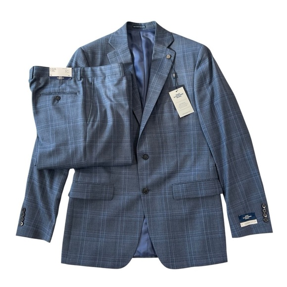 Hart Schaffner Marx 2 Piece Suit Mens 40L 34W Blue Wool Plaid Chicago Fit  $795 - Picture 1 of 16